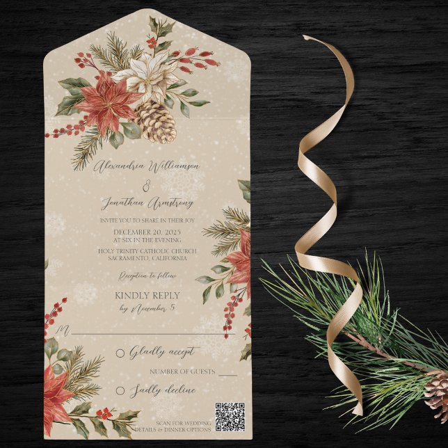 Invitación Todo En Uno Poinsettias con Acebo en Beige Nevado Código QR (Subido por el creador)