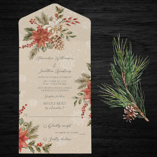 Invitación Todo En Uno Poinsettias con Acebo sobre Beige Nevado