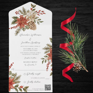 Invitación Todo En Uno Poinsettias con Holly en el código QR blanco