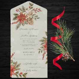Invitación Todo En Uno Poinsettias con Holly sobre el verde sabio nevado