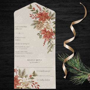 Invitación Todo En Uno Poinsettias rojas y marfil sobre beige nevado