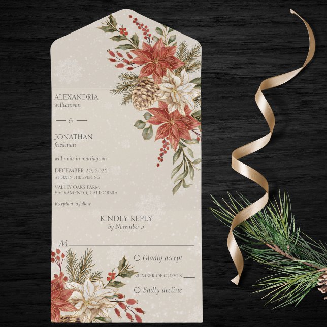 Invitación Todo En Uno Poinsettias rojas y marfil sobre beige nevado (Subido por el creador)