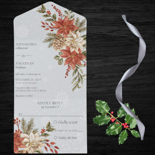 Invitación Todo En Uno Poinsettias rojas y marfil sobre gris nevado
