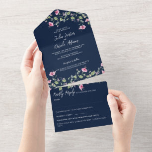 Invitación Todo En Uno Polvo Azul Marino Rosa Flor de Hibisco en Flor Bod