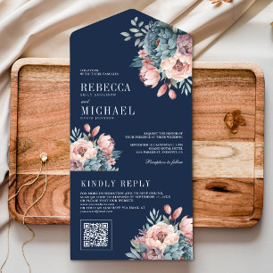 Invitación Todo En Uno Polvo Azul y Floral Rosa Código QR Bodas Marineras