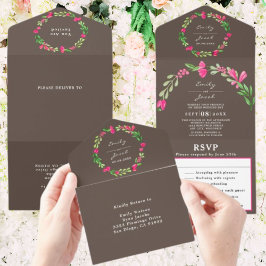 Invitación Todo En Uno Polvo de Verdes Florales Rosados Marrón Elegante R