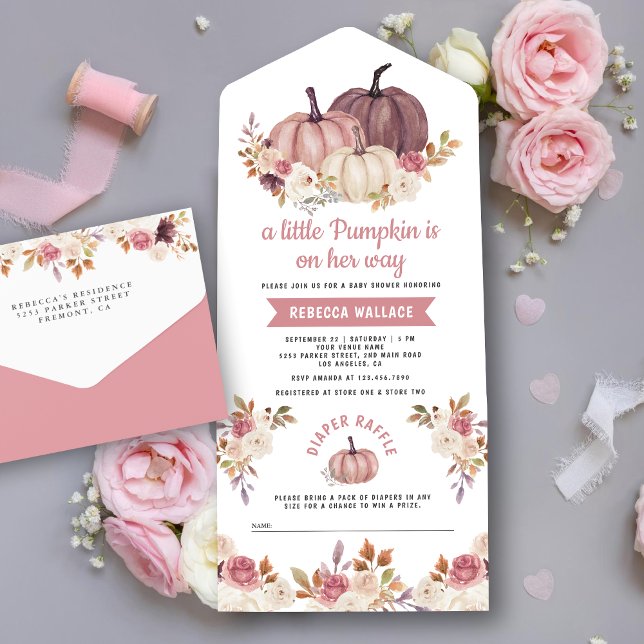 Invitación Todo En Uno Polvo Rosa rosado de calabaza floral Baby Shower (Subido por el creador)