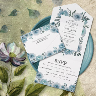 Invitación Todo En Uno Polvoriento azul acuarela borde floral boda primav