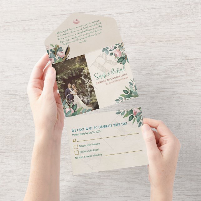 Invitación Todo En Uno Polvoriento Rosa Bodega Verde Floral Elegante Boda (desgarro)