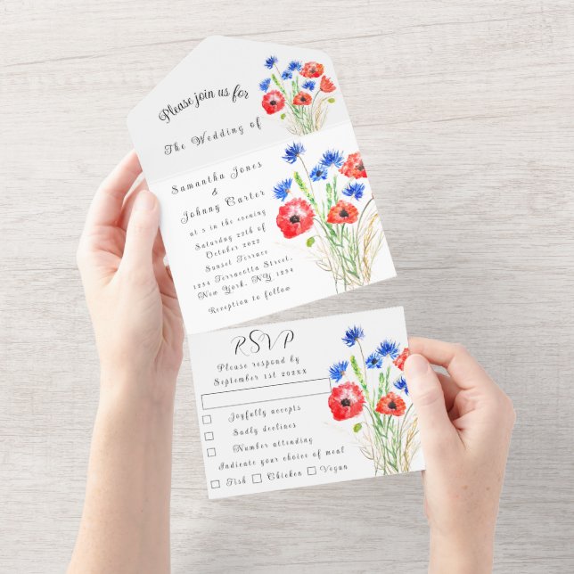 Invitación Todo En Uno Poppies Cornflowers Boda Floral Elegante (desgarro)