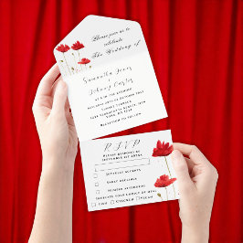 Invitación Todo En Uno Poppies Rojos Boda Floral de flores silvestres