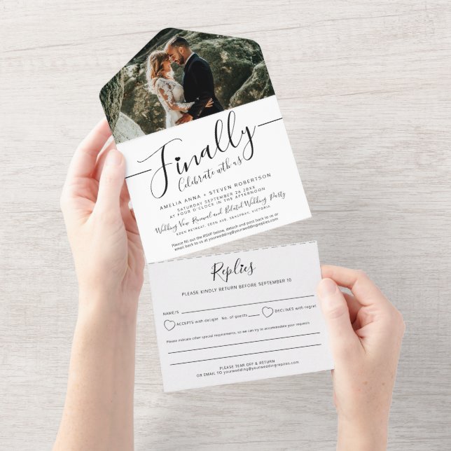 Invitación Todo En Uno Por fin celebrar la foto mono boda tardío (desgarro)