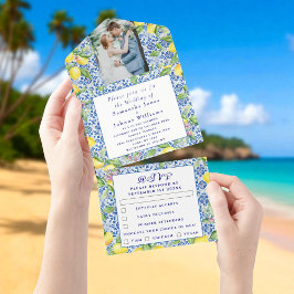 Invitación Todo En Uno Portuguese Tiles Lemons Rustic Photo Wedding 
