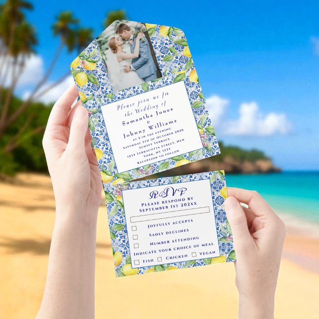 Invitación Todo En Uno Portuguese Tiles Lemons Rustic Photo Wedding  (Subido por el creador)