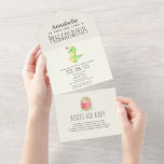 Invitación Todo En Uno Preggosauro Cute Funny Dinosaur Baby Ducha<br><div class="desc">Prepárense para una ducha de bebé dino-mite! Estas invitaciones divertidísimas presentan un dinosaurio verde preñado contra un fondo de concha de huevo lúdico con libros de lágrimas para tarjeta de bebé. Perfecto para una celebración divertida e inolvidable. Personalízalo para satisfacer tus necesidades. Artículos coincidentes en nuestra tienda para un tema...</div>