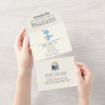 Invitación Todo En Uno Preggosauro Cute Funny Dinosaur Boy<br><div class="desc">Prepárense para una ducha de bebé dino-mite! Estas invitaciones divertidas presentan un dinosaurio azul preñado sobre un fondo de concha de huevo lúdico con libros de lágrimas para tarjeta de bebé. Perfecto para una celebración divertida e inolvidable. Personalízalo para satisfacer tus necesidades. Artículos coincidentes en nuestra tienda para un tema...</div>
