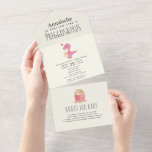 Invitación Todo En Uno Preggosauro Cute Funny Dinosaur Chica Bebé<br><div class="desc">Prepárense para una ducha de bebé dino-mite! Estas invitaciones divertidísimas presentan un dinosaurio rosa preñado contra un fondo de concha de huevo juguetón con libros de lágrimas para tarjeta de bebé. Perfecto para una celebración divertida e inolvidable. Personalízalo para satisfacer tus necesidades. Artículos coincidentes en nuestra tienda para un tema...</div>