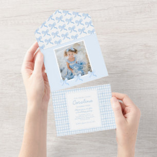 Invitación Todo En Uno Preppy Watercolor Bows Gingham Personalizado Photo
