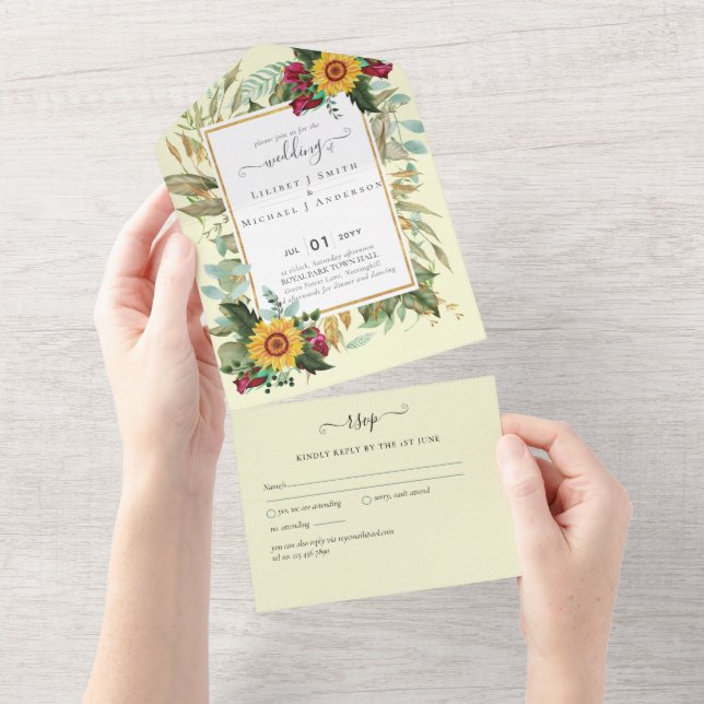 Invitación Todo En Uno PRESUPUESTO 3en1 Girasoles Rojo Burdeos RSVP Boda (desgarro)