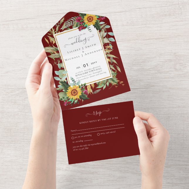 Invitación Todo En Uno PRESUPUESTO 3in1 Burgundy Sunflowers Wedding RSVP (desgarro)