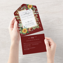 Invitación Todo En Uno PRESUPUESTO 3in1 Burgundy Sunflowers Wedding RSVP