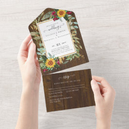 Invitación Todo En Uno PRESUPUESTO 3in1 Burgundy Sunflowers Wedding RSVP