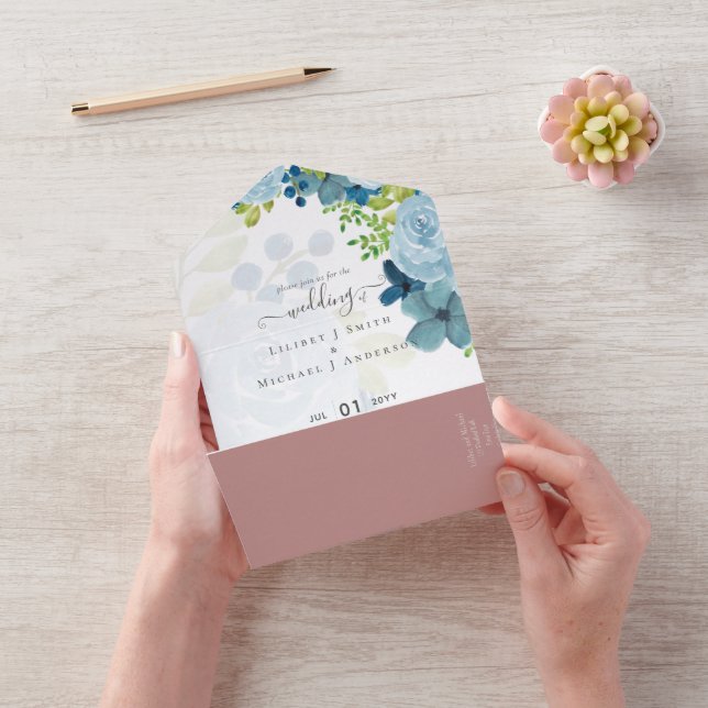 Invitación Todo En Uno Presupuesto Flores Azul Polvo Verde Musgo Boda (Video)