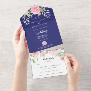 Invitación Todo En Uno Primavera Naval De Peony Boda Blanco Todo En Uno