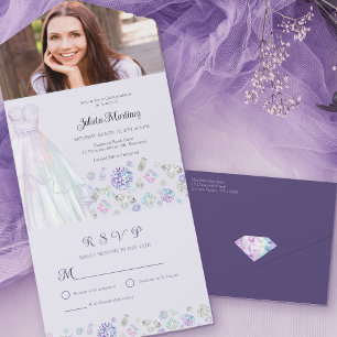 Invitación Todo En Uno Princesa Diamante Púrpura Quinceañera con RSVP