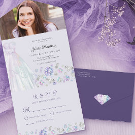 Invitación Todo En Uno Princesa Diamante Quinceanera Púrpura con RSVP