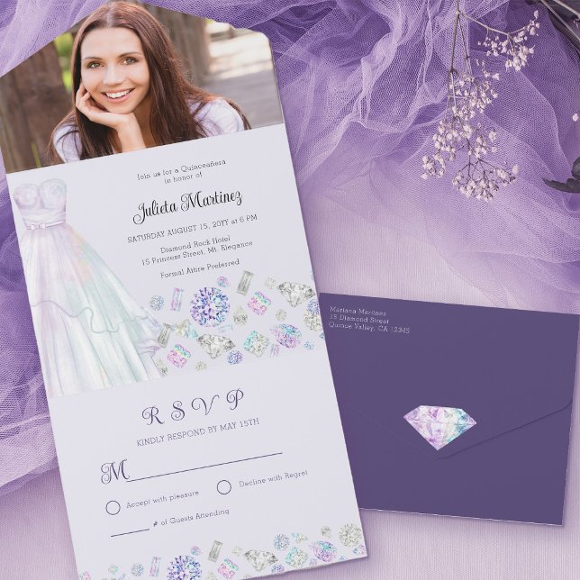 Invitación Todo En Uno Princesa Diamante Quinceanera Púrpura con RSVP (Diamond Princess Quinceanera invitation with your custom photo and tear away rsvp)