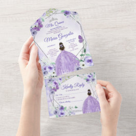 Invitación Todo En Uno Princesa Floral Púrpura Lilac Quinceañera
