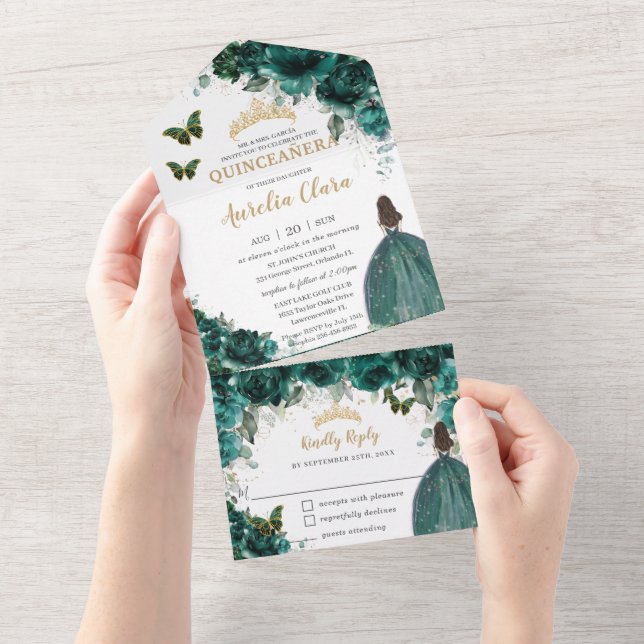 Invitación Todo En Uno Princesa Quinceanera floral verde esmeralda de mod (desgarro)