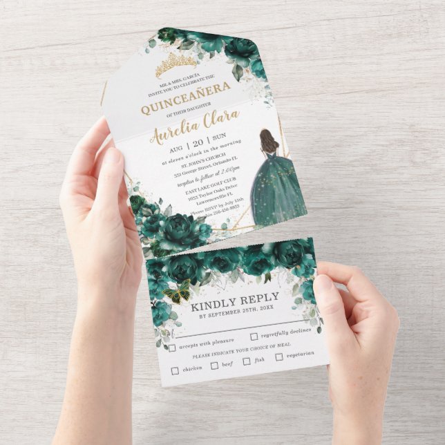 Invitación Todo En Uno Princesa Quinceañera floral verde esmeralda de mod (desgarro)