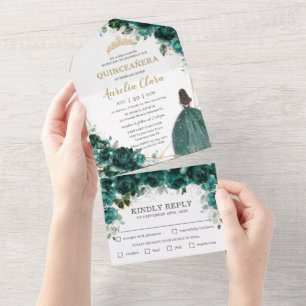 Invitación Todo En Uno Princesa Quinceañera floral verde esmeralda de mod