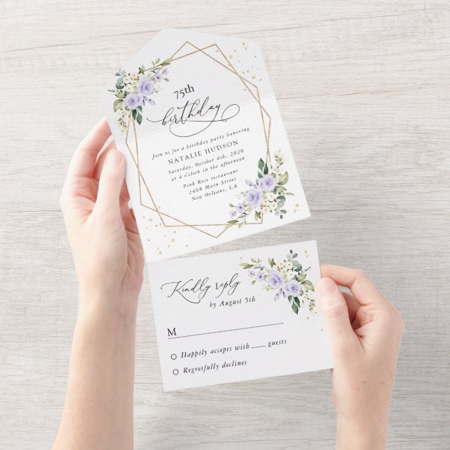Invitación Todo En Uno Purple Flowers, White Flowers, Greenery, Birthday (desgarro)