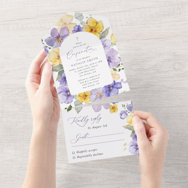 Invitación Todo En Uno Purple Flowers, Yellow Flowers, Boho, Confirmation (desgarro)