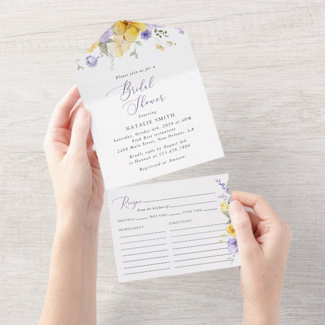 Invitación Todo En Uno Purple Flowers, Yellow Flowers, Bridal Shower (desgarro)