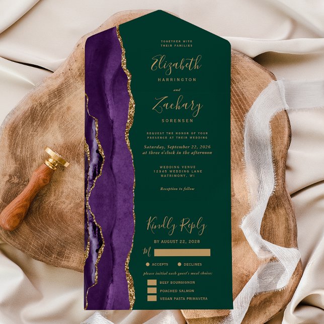 Invitación Todo En Uno Purple Gold Agate Dark Green Meal Options Wedding (Subido por el creador)