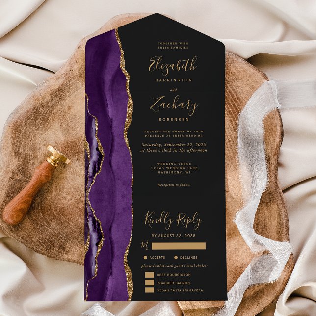 Invitación Todo En Uno Purple Gold Agate Dark Meal Options Wedding (Subido por el creador)