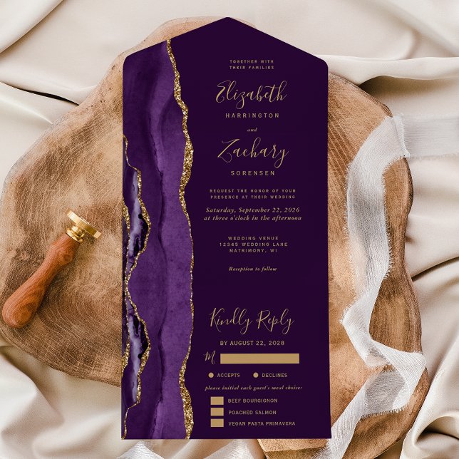 Invitación Todo En Uno Purple Gold Agate Plum Meal Options Wedding (Subido por el creador)
