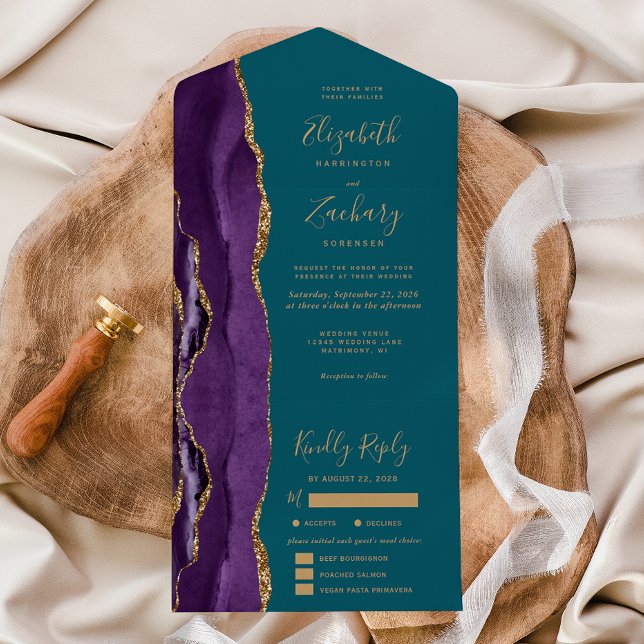 Invitación Todo En Uno Purple Gold Agate Teal Blue Meal Options Wedding (Subido por el creador)