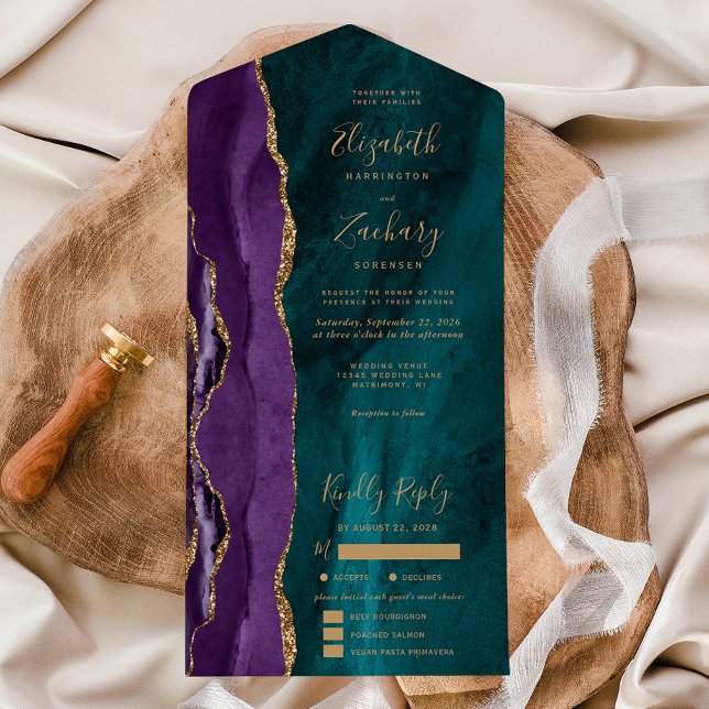Invitación Todo En Uno Purple Gold Teal Agate Meal Options Wedding (Subido por el creador)