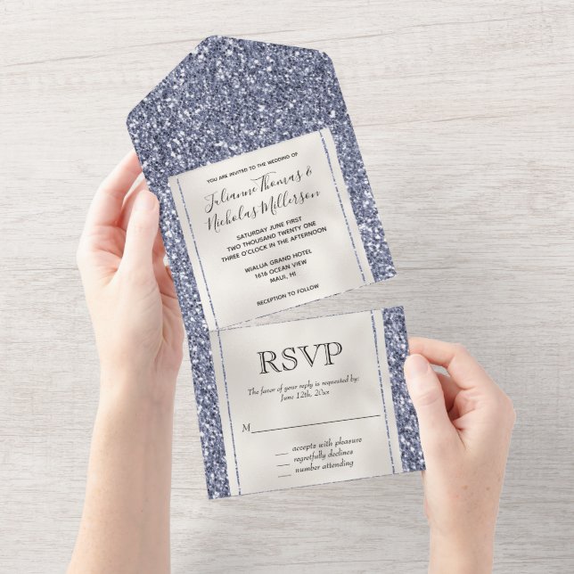 Invitación Todo En Uno Purple Luxe Purpurina Pearl White (desgarro)