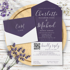 Invitación Todo En Uno Purple Modern Script Elegante Boda de código QR