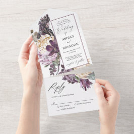 Invitación Todo En Uno Purple Plum Boho Boda floral tropical lujoso