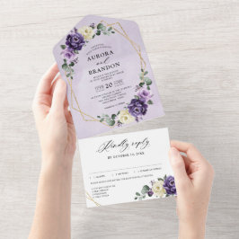 Invitación Todo En Uno Purple Plum marfil oro Boda geométrico floral Al