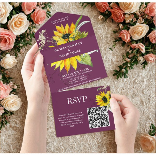 Invitación Todo En Uno Purple Plum Sunflower QR Code (Subido por el creador)