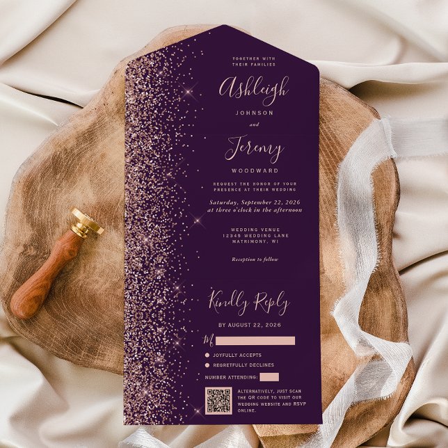 Invitación Todo En Uno Purple Rose Gold Glitter QR Code Wedding (Subido por el creador)