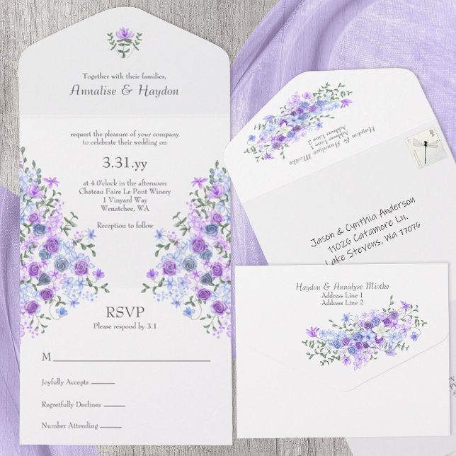 Invitación Todo En Uno Púrpura, azul claro Rosa Jardín Bouquet Boda (Light purple, dusty blue roses all-in-one wedding invitation for lilac, lavender, baby blue Spring)